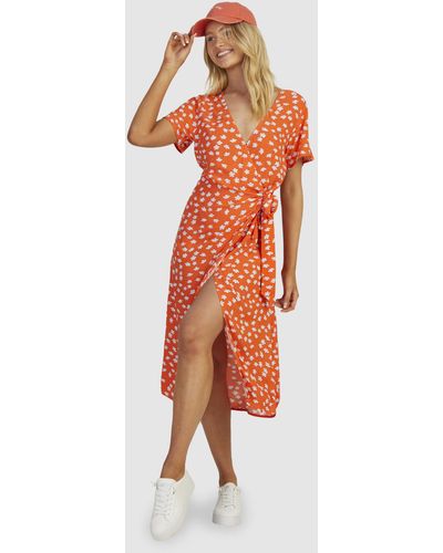 Roxy Indigo Sand Midi Wrap Dress For Women - Orange