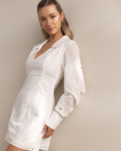Dazie Whispering Petals Broderie Long Sleeve Mini Dress - White