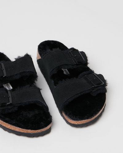 Birkenstock Arizona Suede Leather Sheepskin Lined Regular Sandals - Black