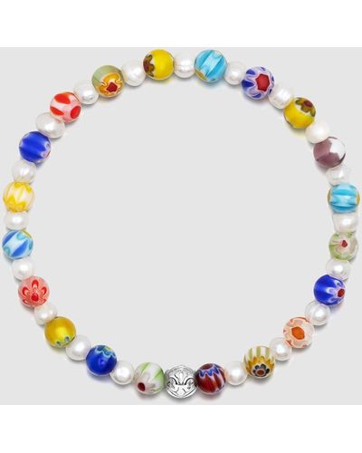 Nialaya Pearl Wristband With Hand Painted Glass Beads - Blue