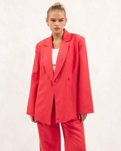 AERE Linen Blend Double Breasted Blazer - Red