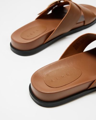 AERE Leather Crossover Footbed Slides - Brown