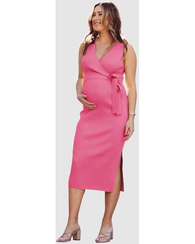 ANGEL MATERNITY Barbara Knit Maternity Midi Dress In Candy - Pink