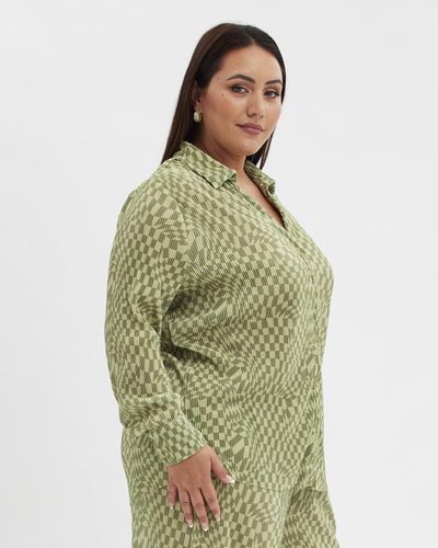 You & All Check Long Sleeve Abstract Plisse Shirt - Green