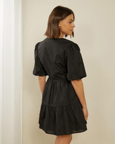Atmos&Here Gia Puff Sleeve Linen Blend Mini Dress - Black