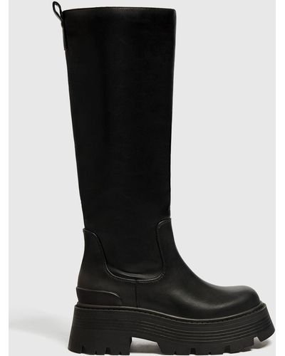 Pull&Bear Knee High Boots With Track Sole - Black