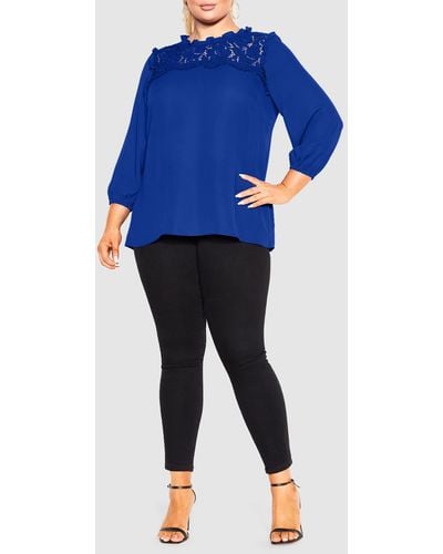City Chic Lace Angel Elbow Sleeve Top - Blue