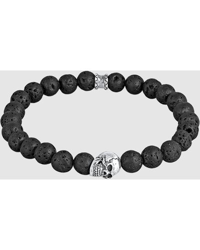 Kuzzoi Bracelet Men Skull Bead Robust With Lava Beads In 925 Sterling Silver - Black