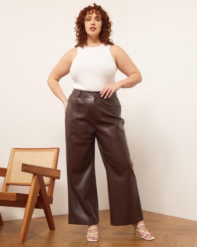 Atmos&Here Curvy Ciara Wide Leg Leather Look Trousers - Brown