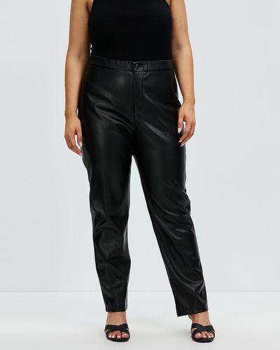Atmos&Here Curvy Keisha Straight Leg Leather Look Trousers - Black