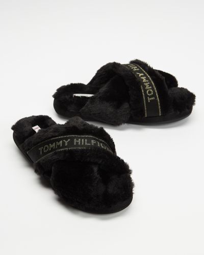 Tommy Hilfiger Shiny Webbing Furry Slippers - Black