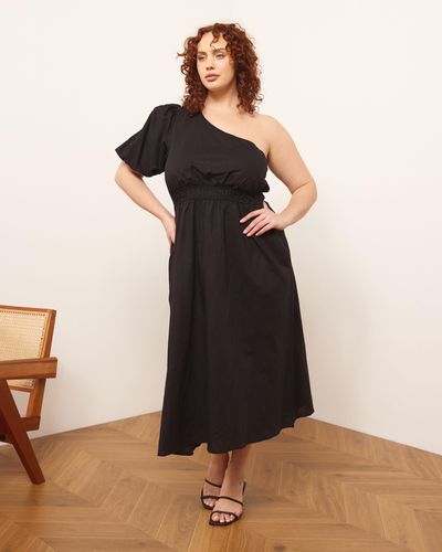 Atmos&Here Curvy Jasmine Linen Blend One Shoulder Midi Dress - Black