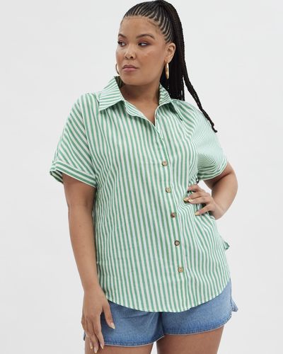 You & All Stripe Relaxed Shirt Short Sleeve Button Up - Green
