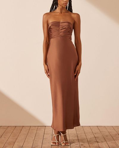 Shona Joy Luxe Strapless Ruched Bodice Midi Dress - Brown