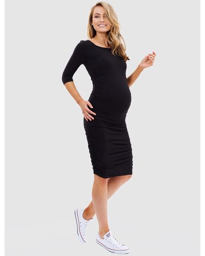 Bamboo Body 3 4 Sleeve Ruched Dress - Black