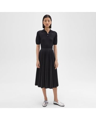 Theory Pleated Midi Skirt In Sleek Poplin - Black