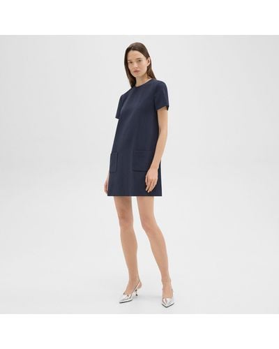 Theory Short-sleeve Mini Dress In Striped Admiral Crepe - Blue