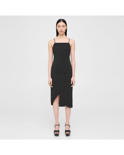 Theory Pleated Sleeveless Midi Dress In Crisp Poly - Black