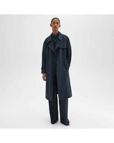 Theory Double-breasted Trench Coat In Oxford Wool - Blue