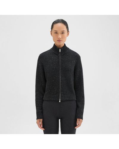 Theory Mock Neck Zip-up Cardigan In Donegal Wool-cashmere - Black