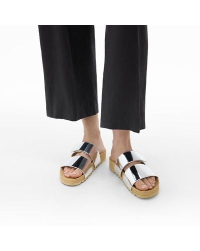 Theory Slide Sandals In Metallic Leather - Black