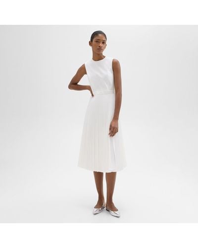Theory Pleated Midi Dress In Sleek Poplin - White