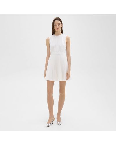 Theory Pleated Mini Dress In Sleek Poplin - White