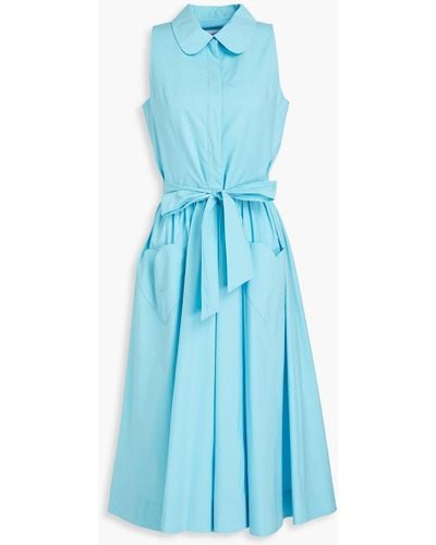 Moschino Belted Pleated Stretch-cotton Poplin Midi Shirt Dress - Blue