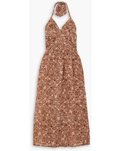 Yvonne S Pleated Floral-print Linen Halterneck Midi Dress - Natural