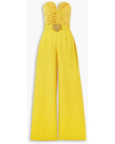Andrew Gn Strapless Embellished Ruched Plissé-satin And Crepe Jumpsuit - Yellow