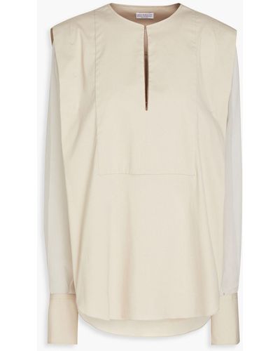 Brunello Cucinelli Bead-embellished Stretch-cotton Poplin And Organza Blouse - Natural
