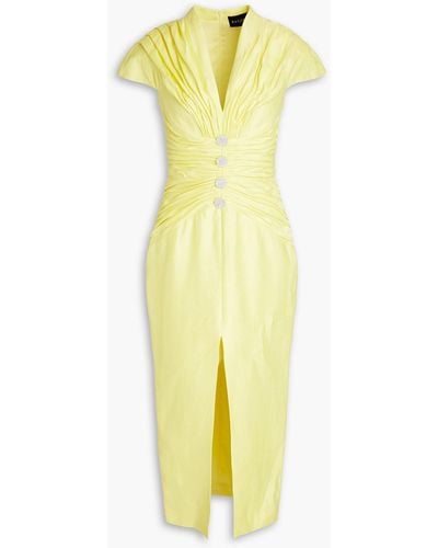 Rasario Button-embellished Pleated Linen-blend Midi Dress - Yellow