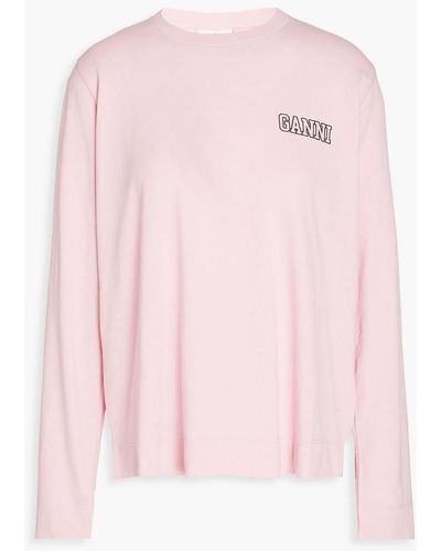 Ganni Logo-print Cotton-blend Jersey Top - Pink