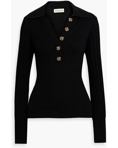 Nicholas Basma Wool And Cotton-blend Polo Shirt - Black