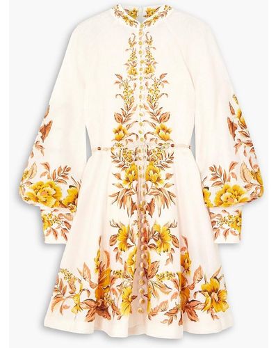 Zimmermann Vacay Beaded Belted Floral-print Linen Mini Dress - Metallic