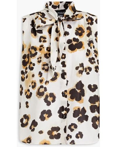 Boutique Moschino Gathered Leopard-print Cotton And Silk-blend Mousseline Top - Black
