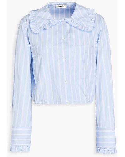 Sandro Ravenne Cropped Ruffled Striped Cotton Shirt - Blue