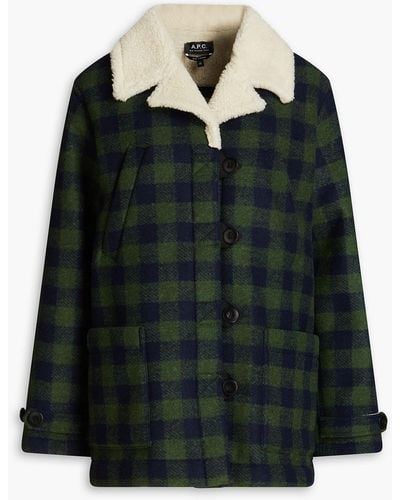A.P.C. Faux Shearling-trimmed Gingham Twill Coat - Black