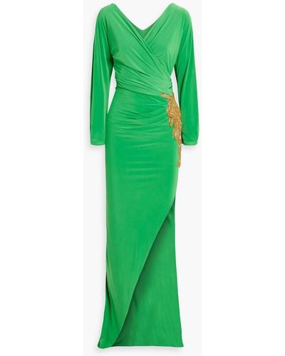 Rhea Costa Wrap-effect Embellished Satin-jersey Gown - Green