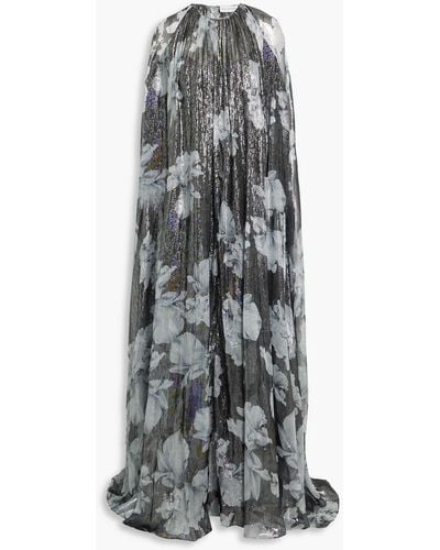 Halston Nicoletta Cape-effect Floral-print Silk-blend Gown - Gray