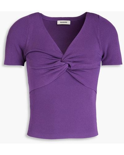 Sandro Twist-front Cropped Ribbed-knit Top - Purple