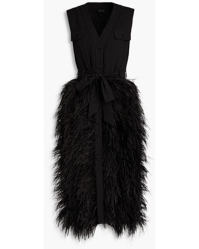 Huishan Zhang Belted Feather-trimmed Pintucked Crepe Midi Dress - Black