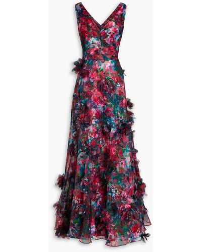 Marchesa Tulle-trimmed Floral-print Organza Gown - Red