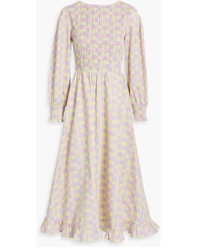 Olivia Rubin Shirred Checked Twill Midi Dress - Natural
