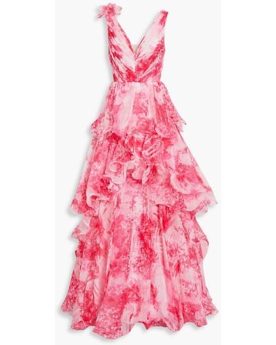 Marchesa Tiered Printed Chiffon Gown - Pink