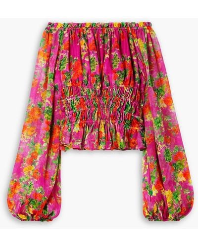 Caroline Constas Sage Off-the-shoulder Shirred Floral-print Silk-chiffon Top