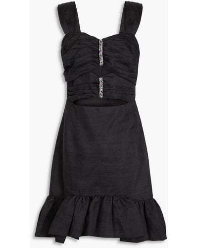 Sandro Rubis Crystal-embellished Cutout Linen-blend Mini Dress - Black