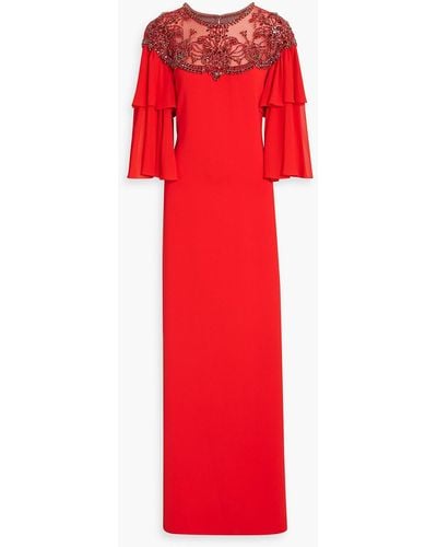 Jenny Packham Tulle-paneled Embellished Crepe Gown - Red