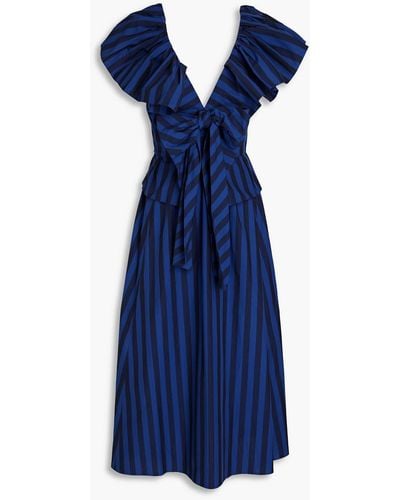 Carolina Herrera Gestreiftes midikleid aus baumwollpopeline mit rüschen und schleife - Blau