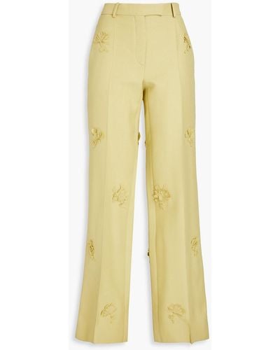 Valentino Garavani Floral-appliquéd Wool And Silk-blend Straight-leg Pants - Yellow
